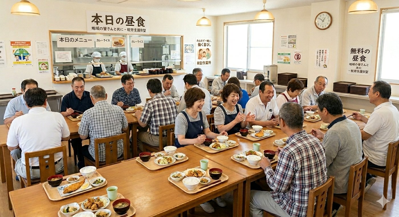 アソシエつむぎの昼食を、利用者の皆さまと共にとっている様子