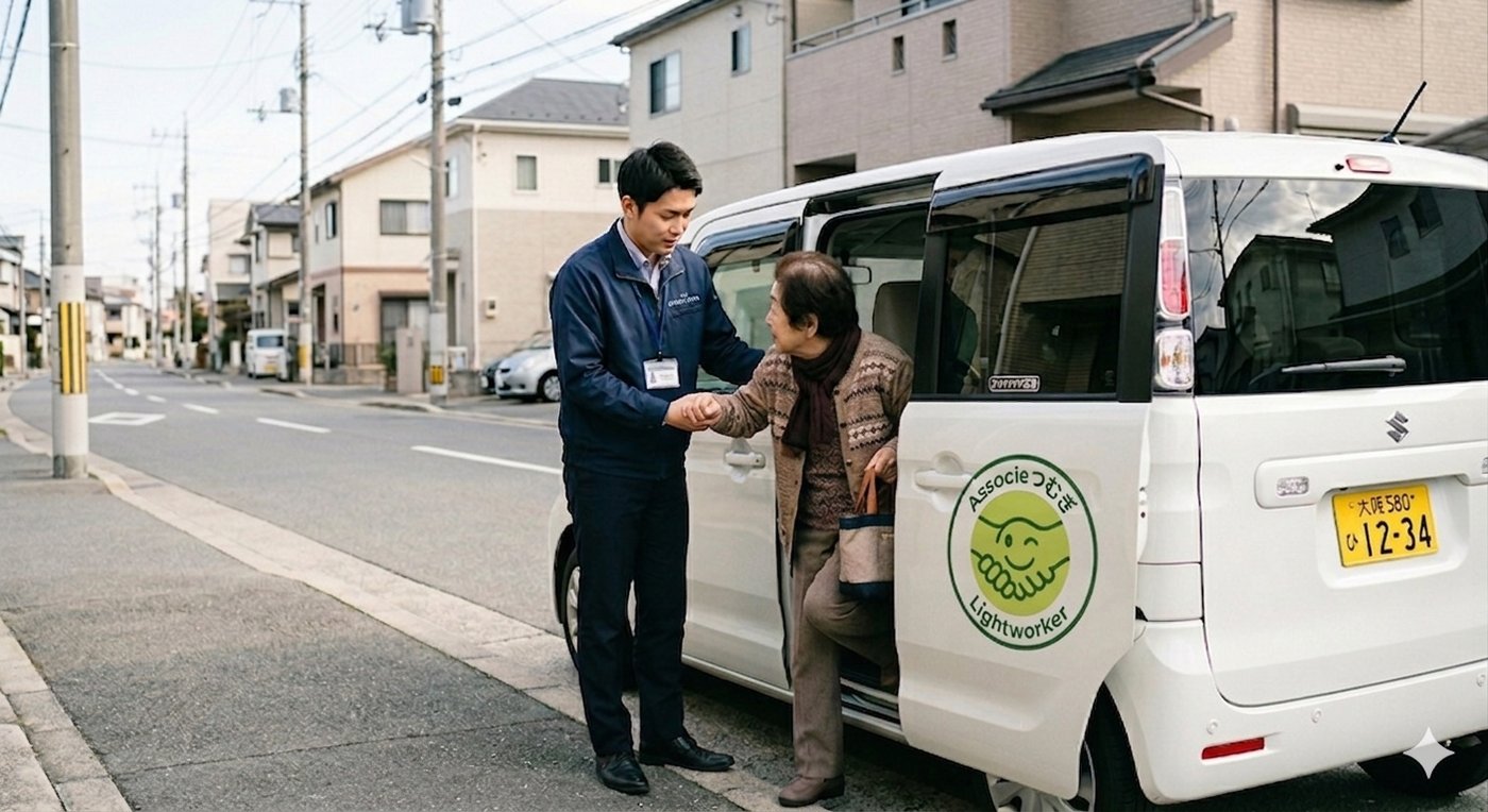 送迎スタッフが軽自動車から降りる利用者さんをやさしくサポートしている様子